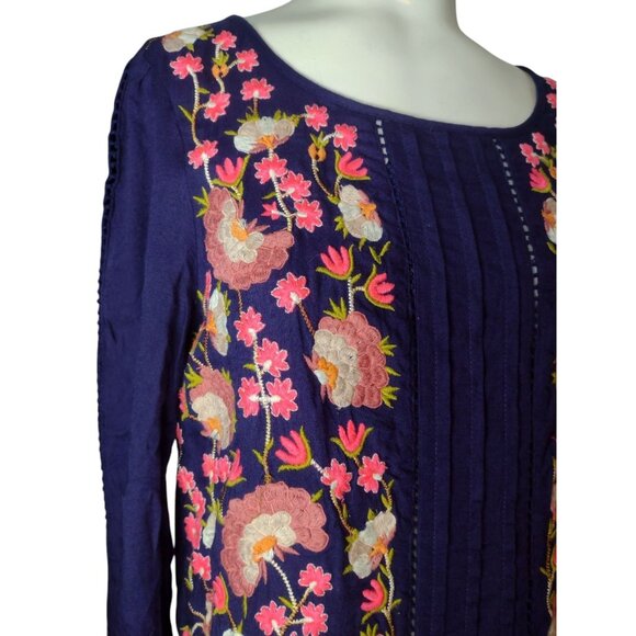 Floreat Anthropologie Embroidered Peasant Top 6 Boho Floral Lagenlook Pleats - Picture 2 of 10